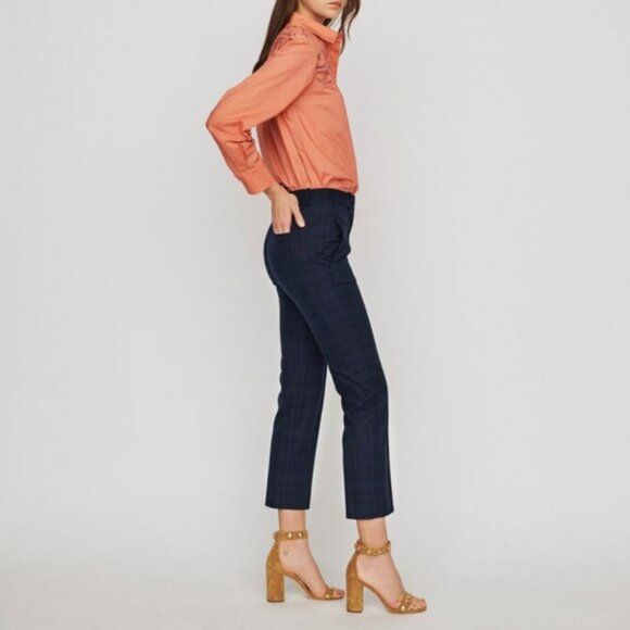 MAJE Preppy Plaid Academia Office Crop Pleated Navy Blue Trousers Pants Size 34 - Picture 6 of 13